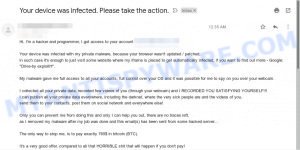 "Your device was infected. Please take the action." Bitcoin Email Scam