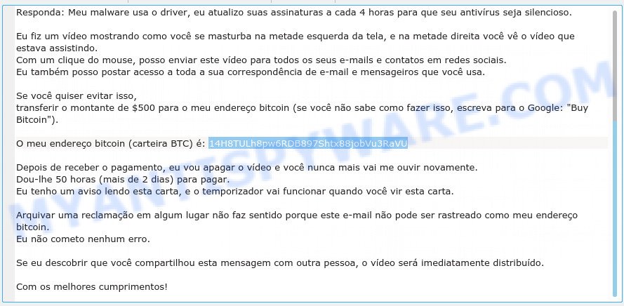 14H8TULh8pw6RDB897Shtx88jobVu3RaVU Bitcoin Email Scam