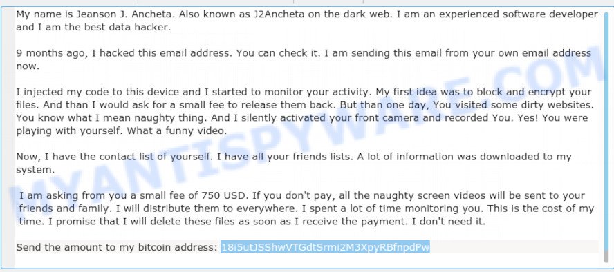 18i5utJSShwVTGdtSrmi2M3XpyRBfnpdPw Bitcoin Email Scam