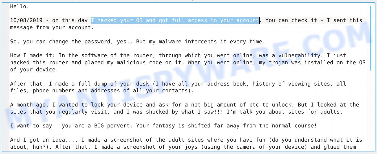 I hacked your OS and got full access to your account EMAIL SCAM