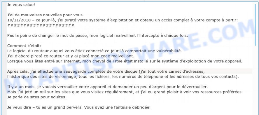 J’ai de mauvaises nouvelles pour vous BITCOIN EMAIL SCAM