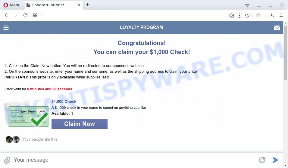 Congratulations! You can claim your $1,000 Check! POP-UP SCAM