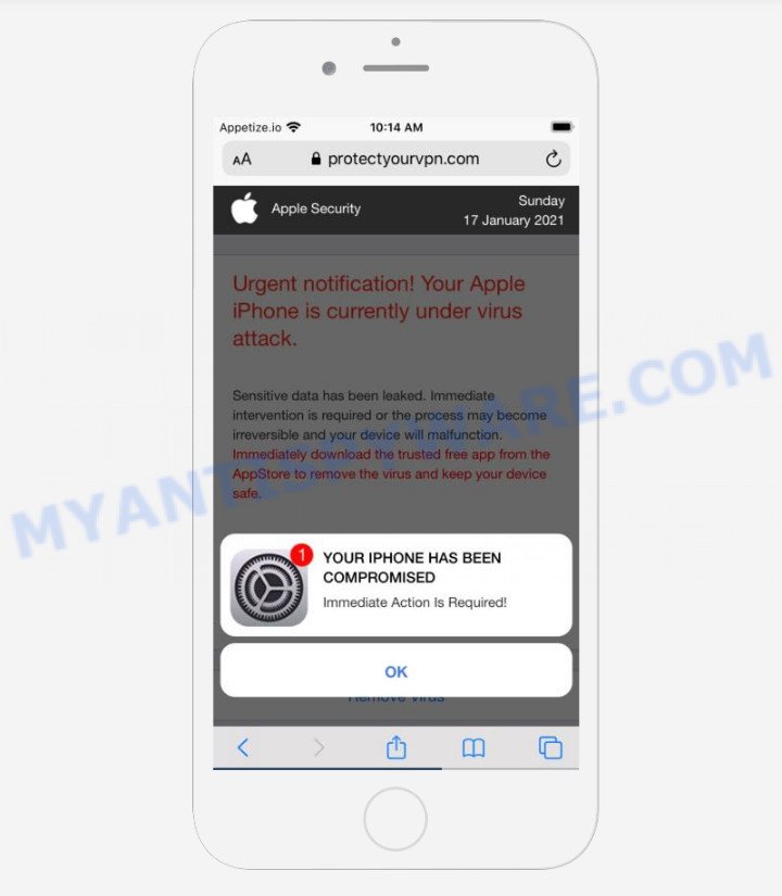 YOUR IPHONE HAS BEEN COMPROMISED pop-up