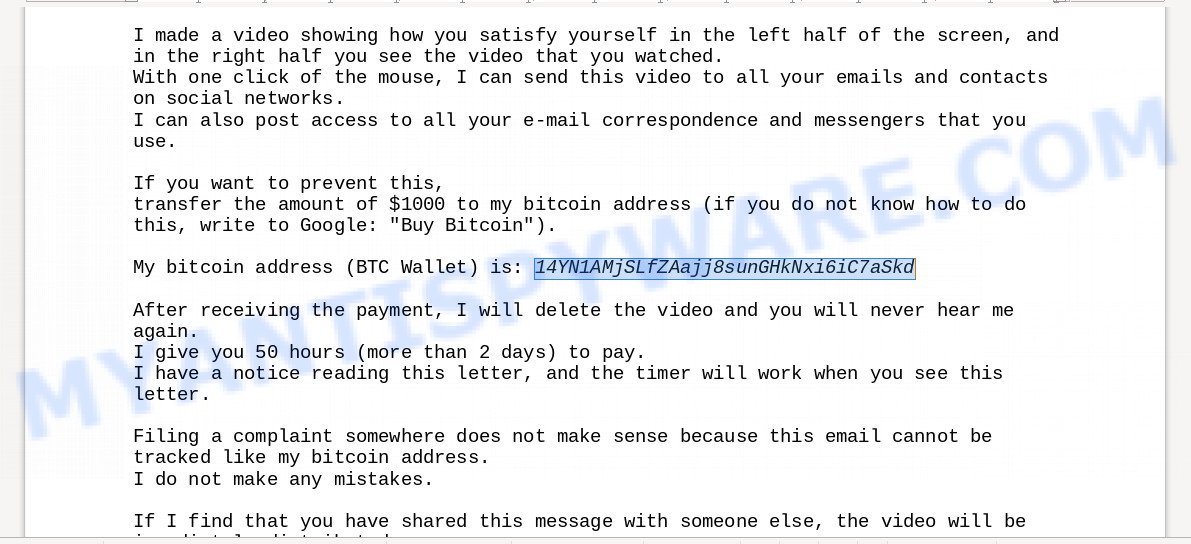 14YN1AMjSLfZAajj8sunGHkNxi6iC7aSkd Bitcoin Email Scam
