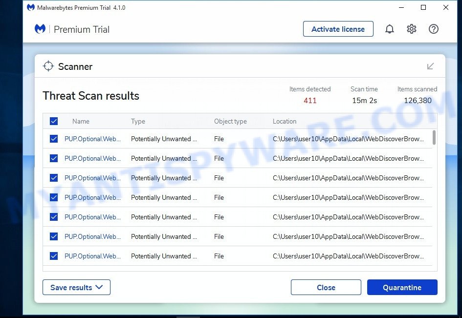 Malwarebytes 4 scan results