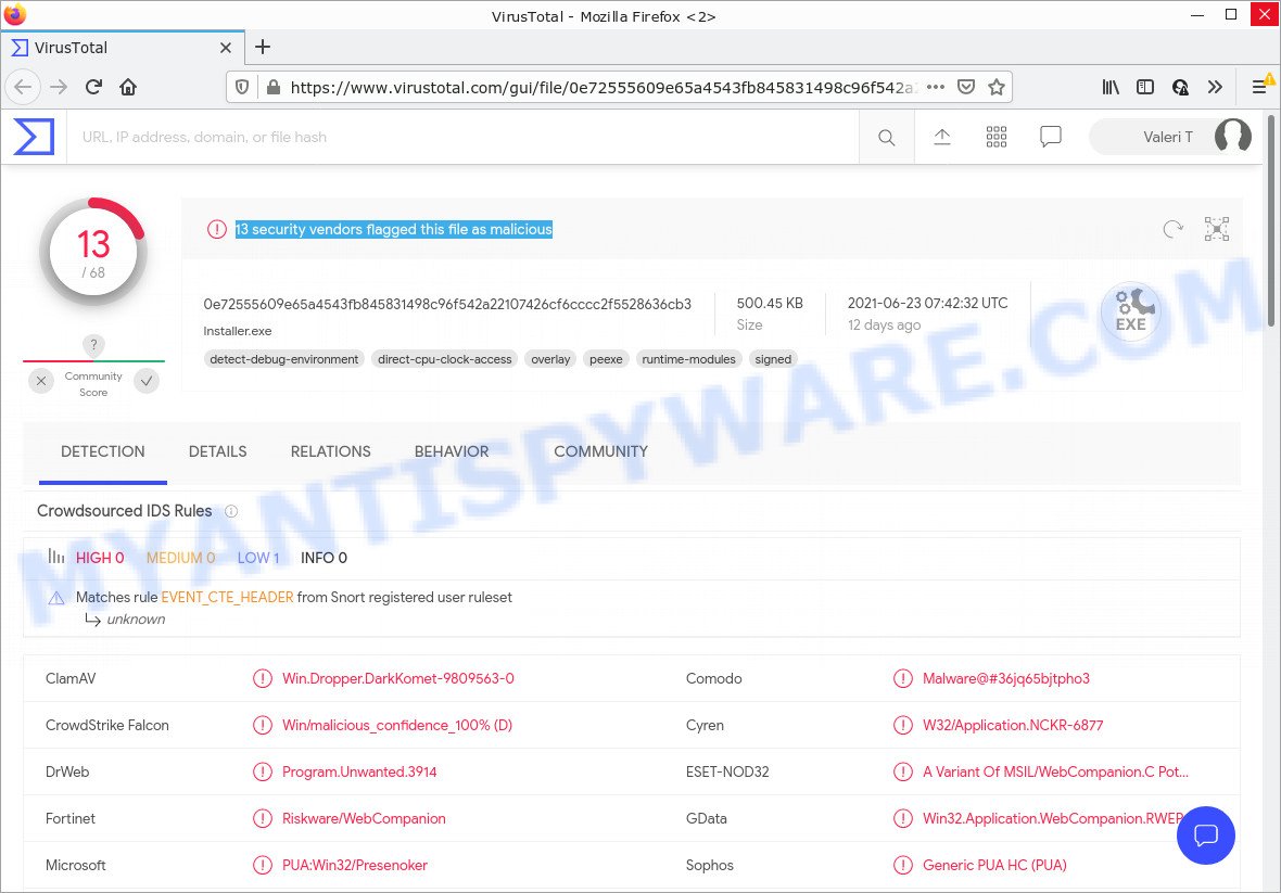 Web Companion installer - VirusTotal scan results