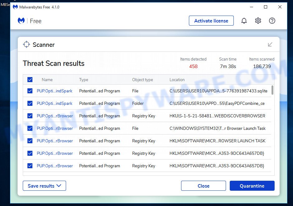 Malwarebytes scan results