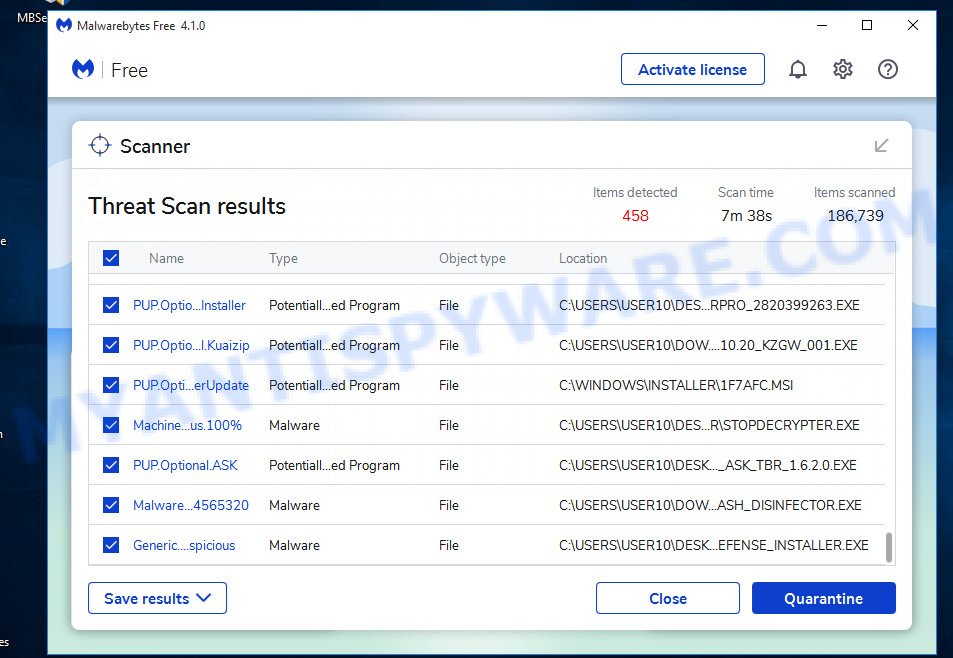 MalwareBytes for MS Windows, scan for adware software is done