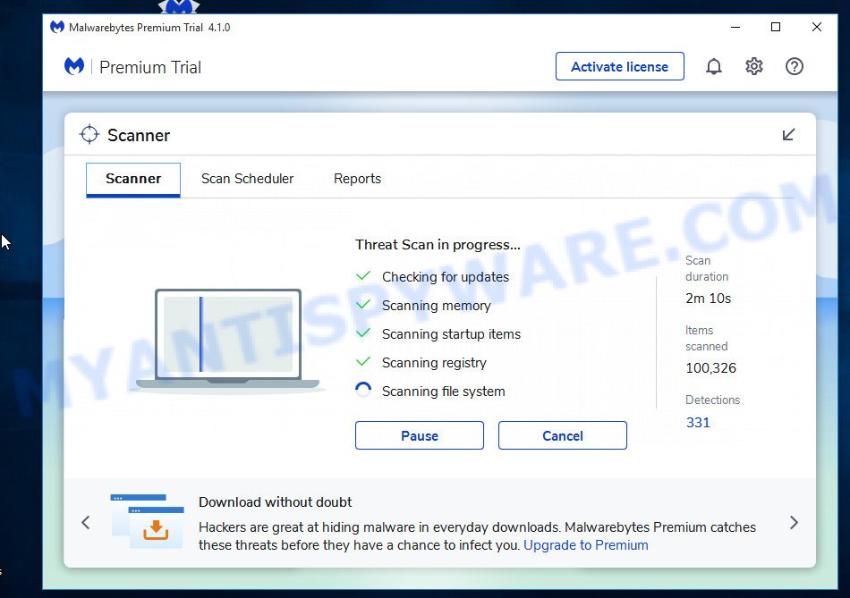 MalwareBytes Free for Windows search for CleanTextSize adware software that causes lots of unwanted pop-up advertisements