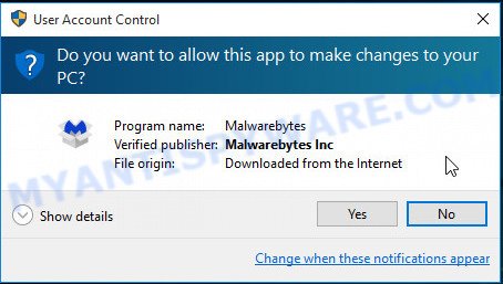 MalwareBytes Anti Malware (MBAM) for MS Windows uac dialog box