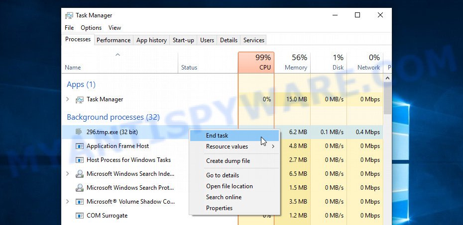 Tabe ransomware removal step 1