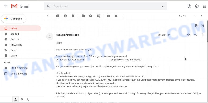 Some months ago I hacked ýour OS and got fuĺĺ access to ýour account EMAIL SCAM