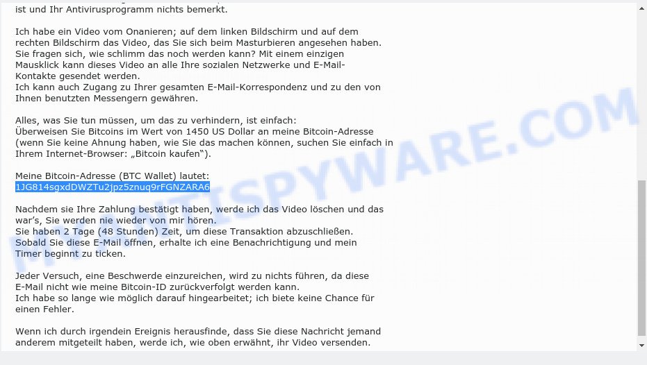 1JG814sgxdDWZTu2jpz5znuq9rFGNZARA6 Bitcoin Email Scam