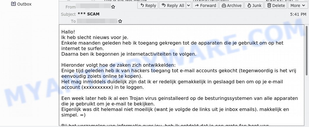 Ik heb slecht nieuws voor je EMAIL SCAM