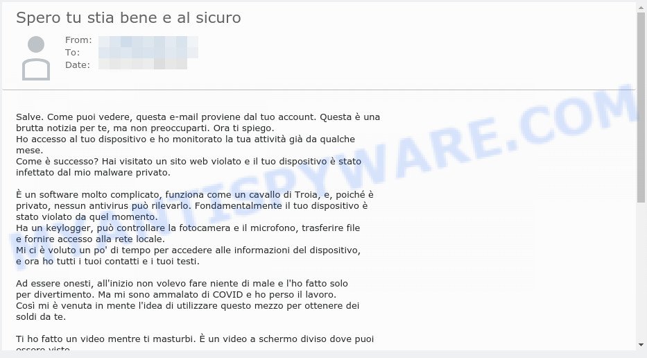 Spero tu stia bene e al sicuro EMAIL SCAM