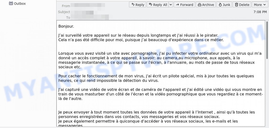 J’ai surveillé votre appareil sur le réseau depuis longtemps EMAIL SCAM