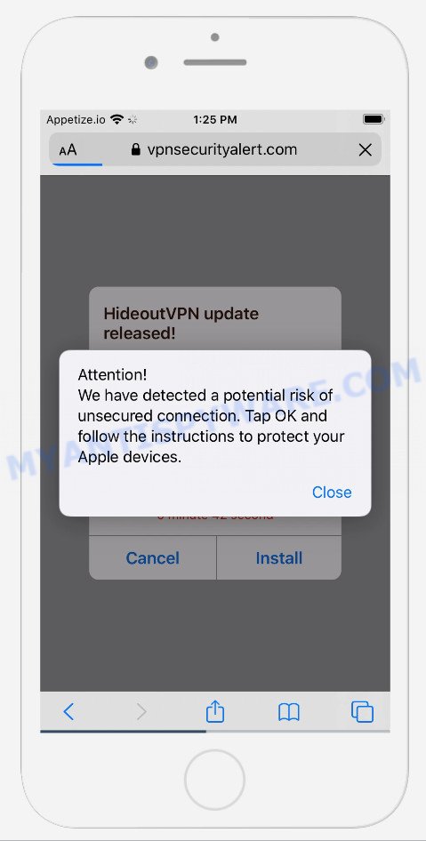 We have detected a potential risk of unsecured connection scam on iPhone