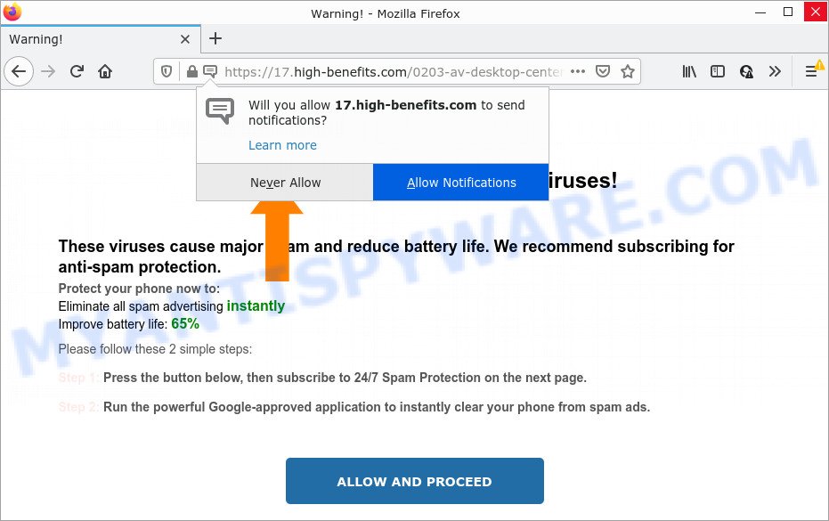 Your device is infected with a spam virus pop-up