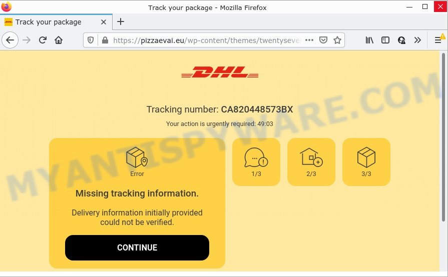 DHL Undelivered Package scam page