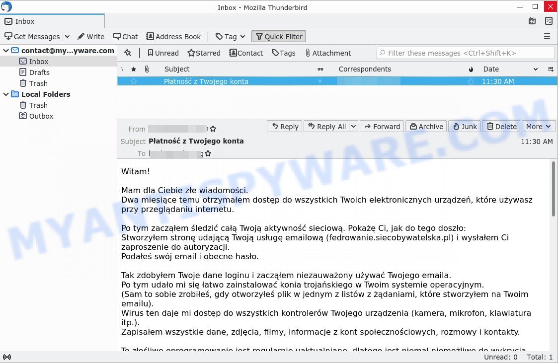 Witam! Mam dla Ciebie złe wiadomości.email scam