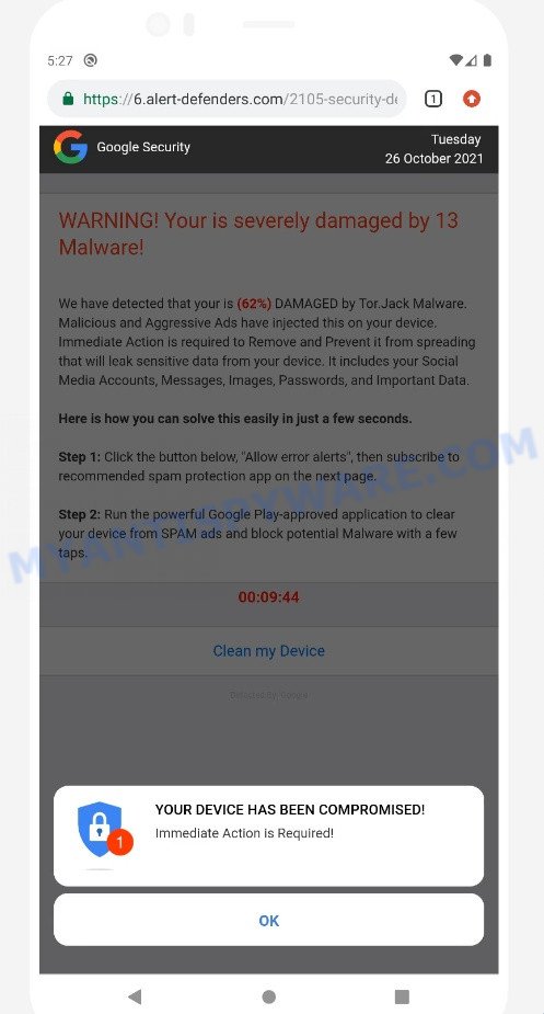Your device has been compromised pop-up alert