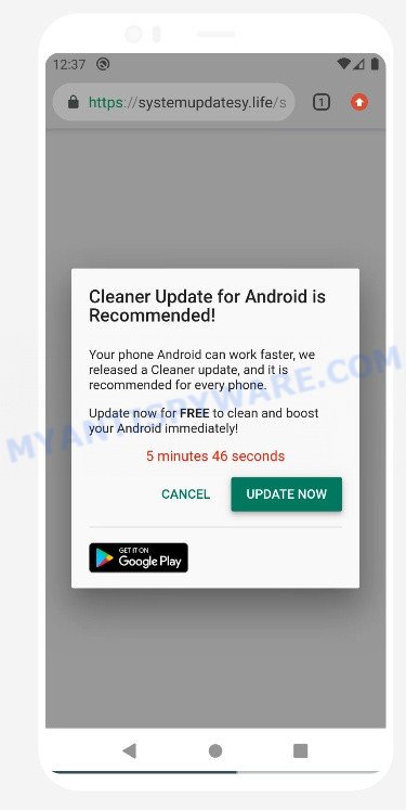 cleaner update for android is recommended pop-up SCAM