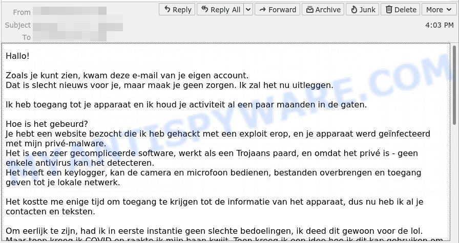 Zoals je kunt zien kwam deze e-mail van je eigen account SCAM