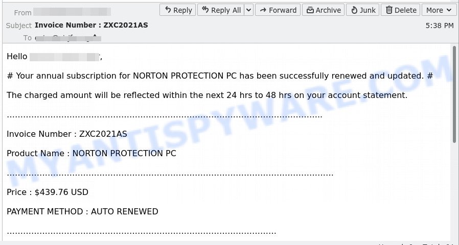 Subscription for norton has been renewed EMAIL SCAM