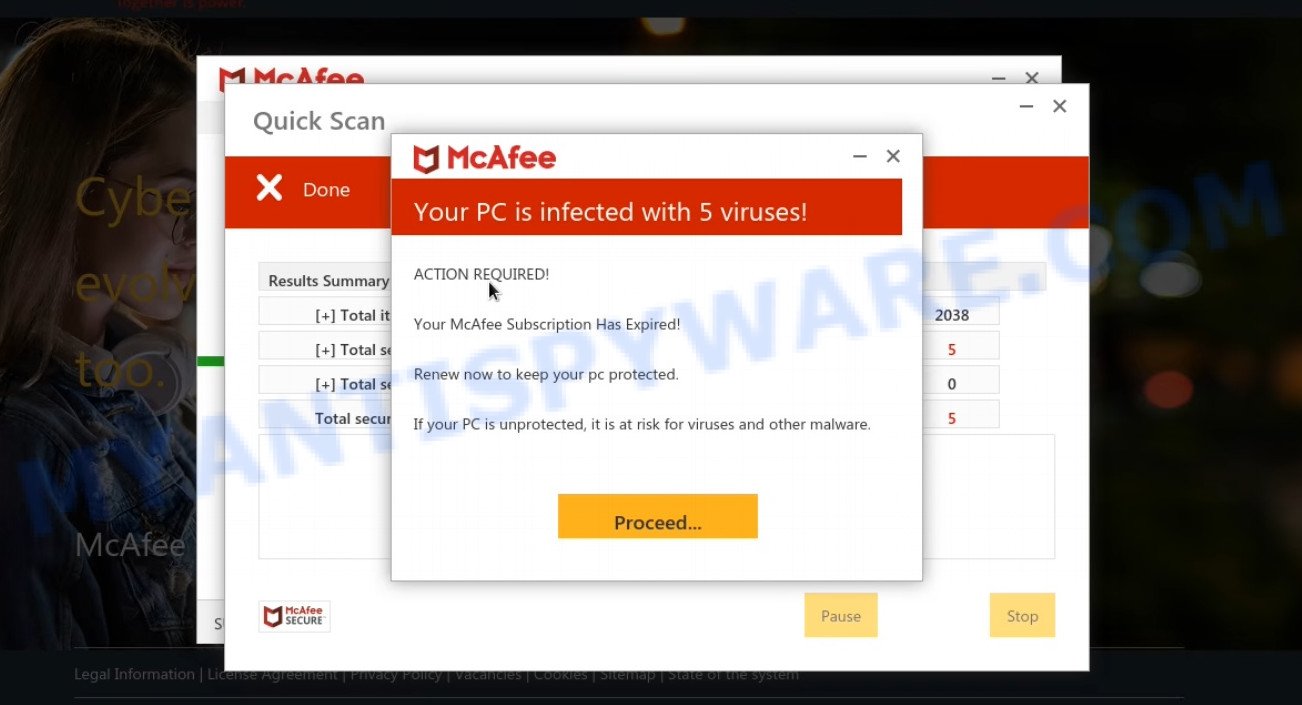 McAfee - Your PC is infected with 5 viruses pop-ups