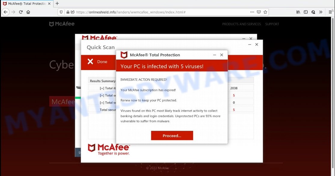 McAfee Your PC is infected with 5 viruses scam