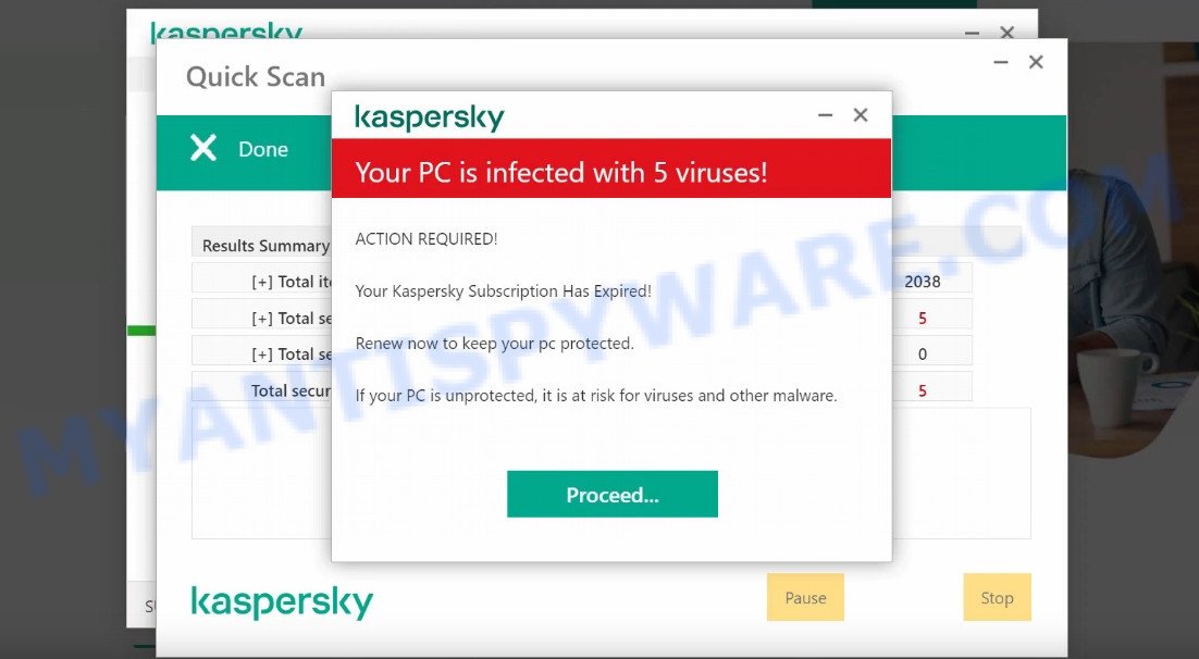 Kaspersky Your PC is infected with 5 viruses SCAM