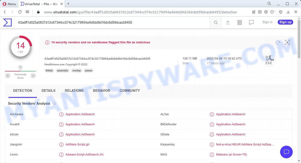 Healthiness adware detections