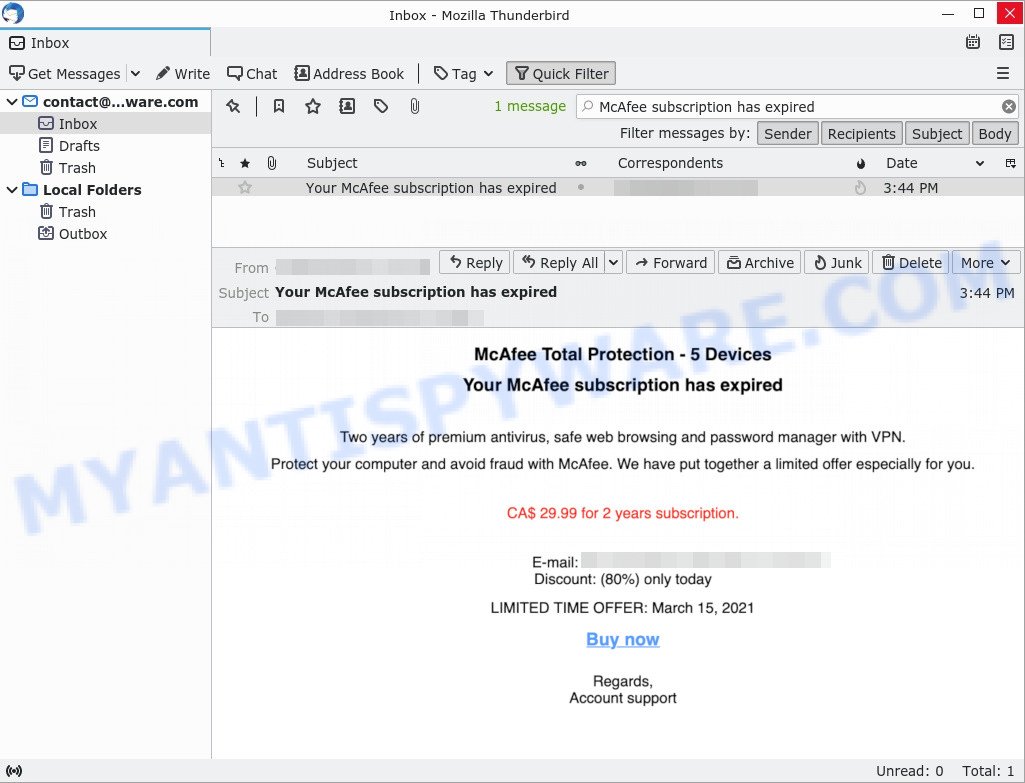 McAfee subscription has expired Email Scam