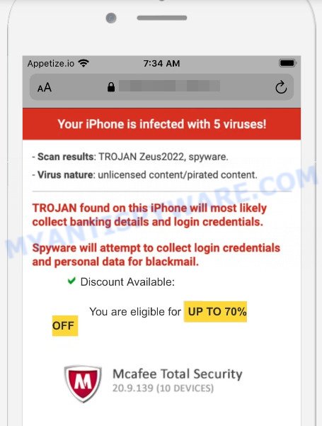 McAfee - Your iPhone is infected with 5 viruses scam