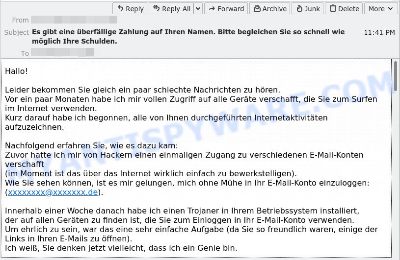 Es gibt eine überfällige Zahlung auf Ihren Namen. EMAIL