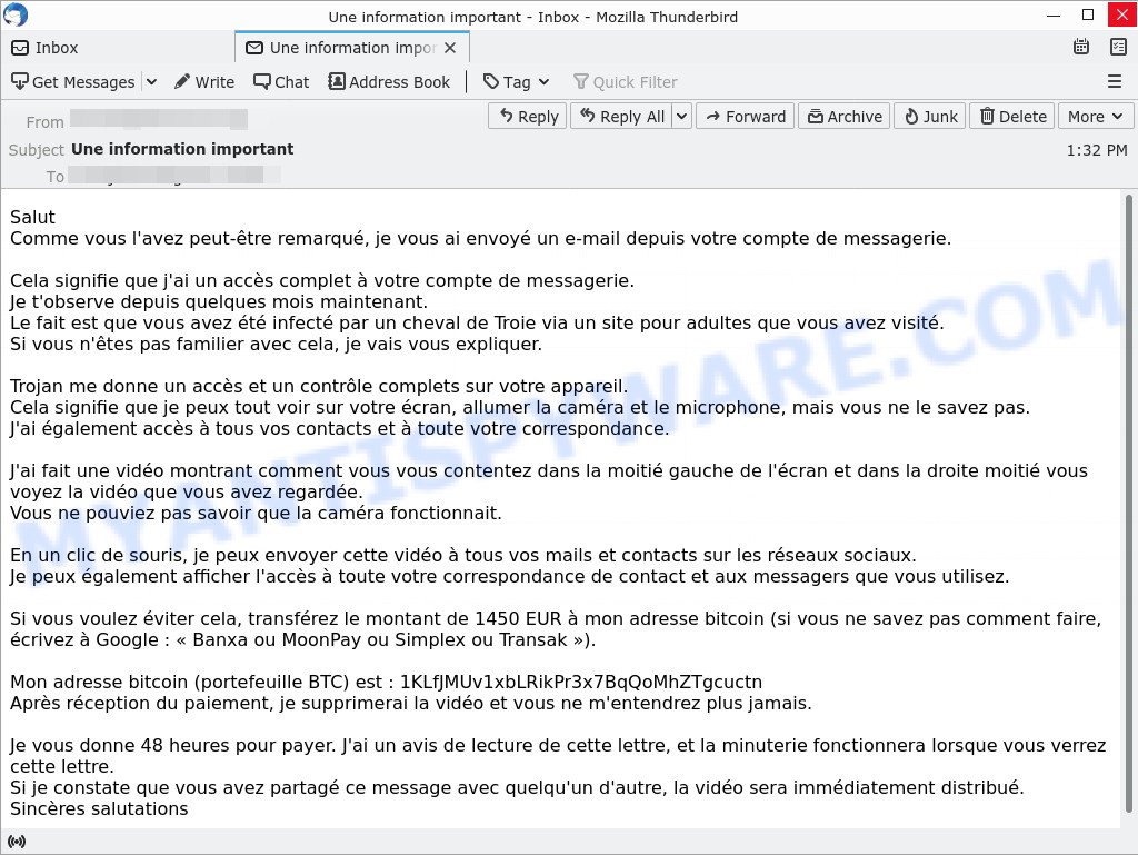 Je vous ai envoyé un e-mail depuis votre compte de messagerie Email Scam