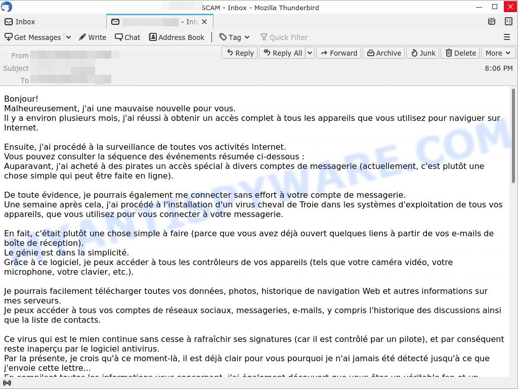 Malheureusement j ai une mauvaise nouvelle pour vous EMAIL SCAM