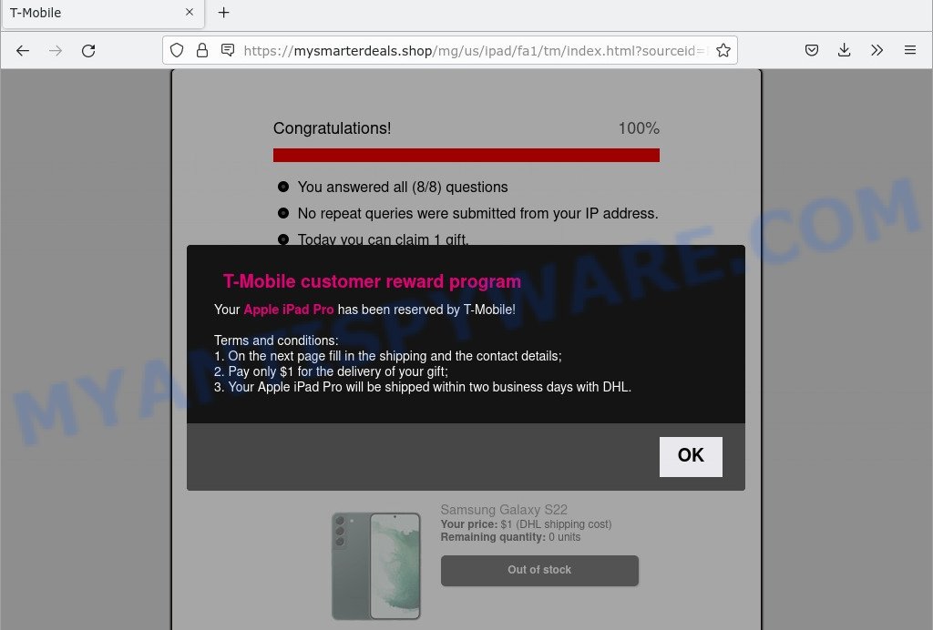 T-Mobile Customer Reward Program scam end page