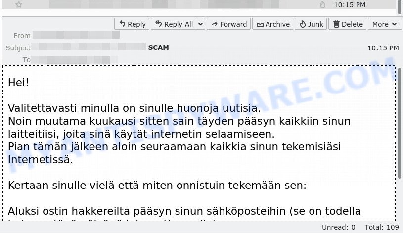 Valitettavasti minulla on sinulle huonoja uutisia.email scam