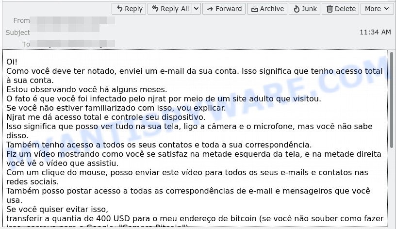 Como voce deve ter notado enviei um e-mail da sua conta SCAM