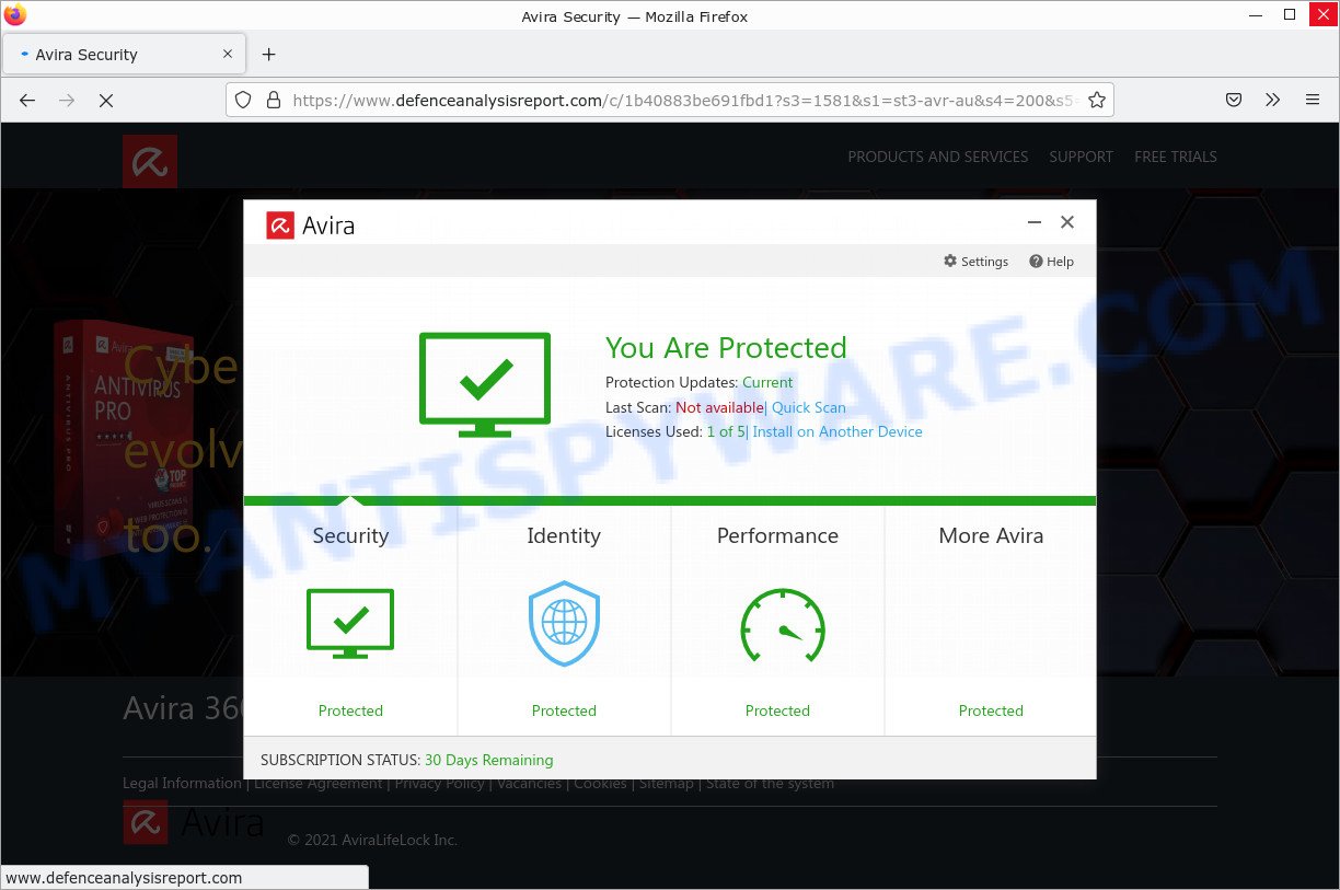 Defenceanalysisreport.com Avira Security Alert Scam