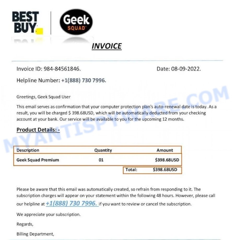Geek Squad EMAIL SCAM invoice 984-84561846