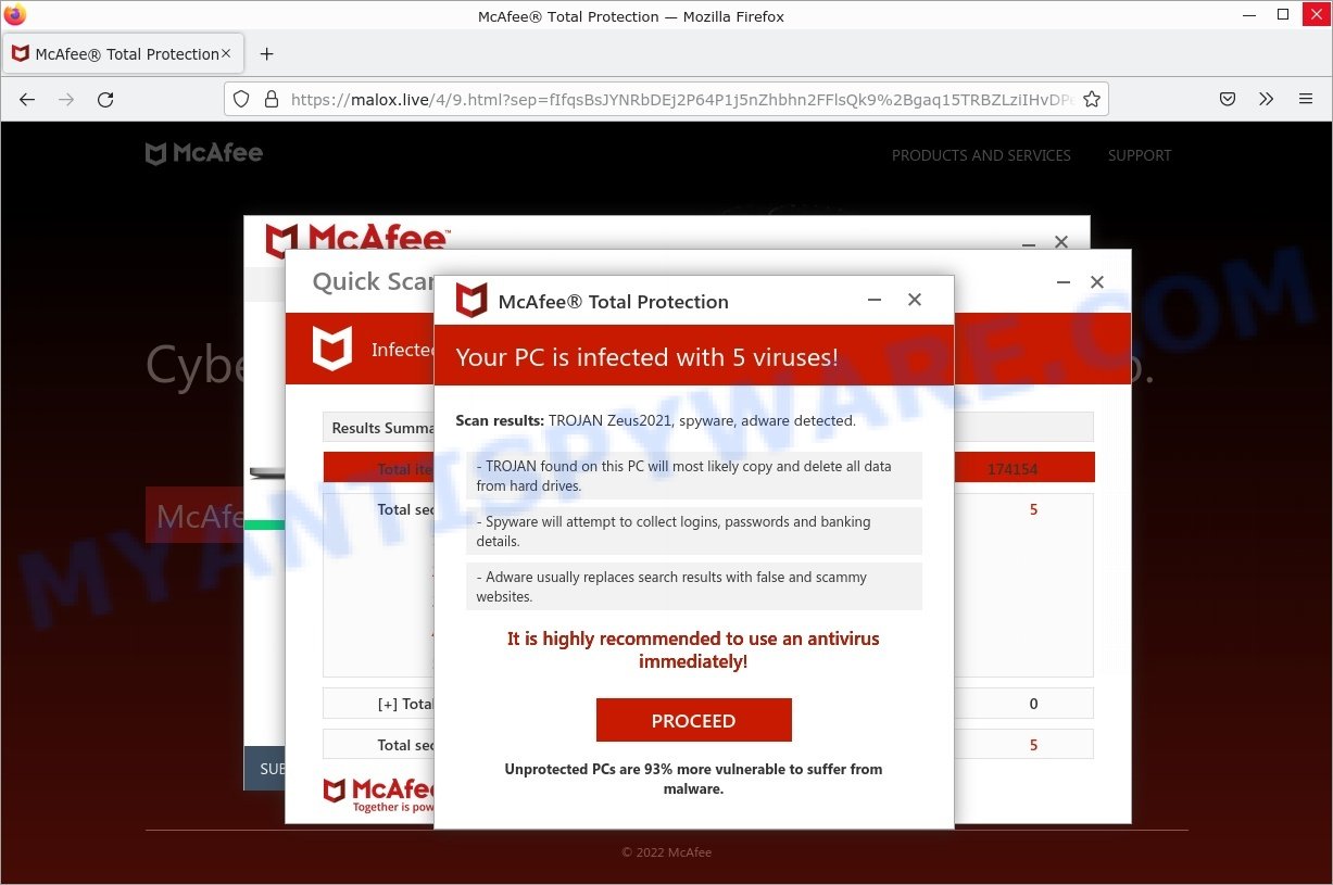 Malox.live McAfee Total Protection fake scan results