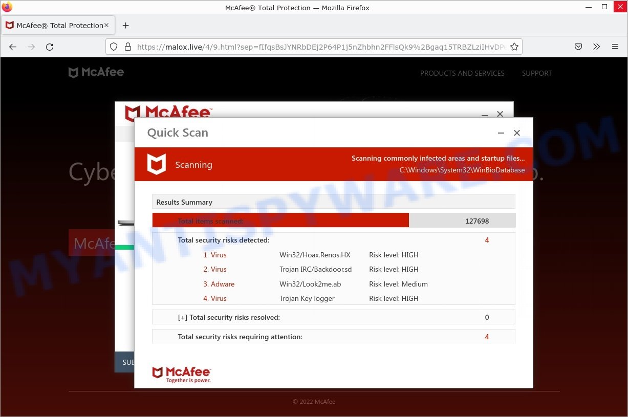 Malox.live McAfee Total Protection fake scan