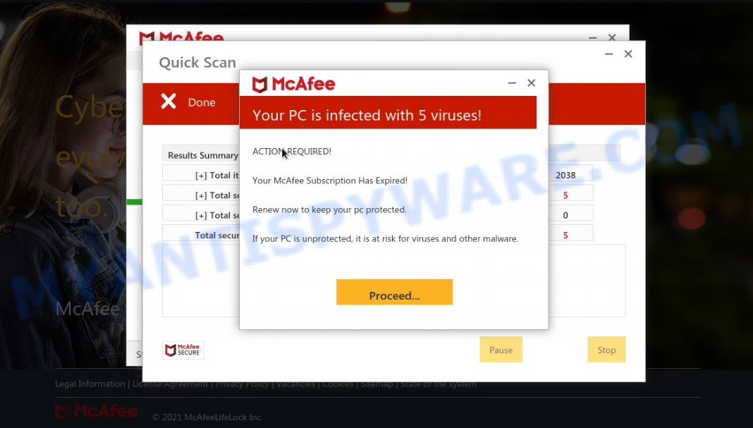 Strongpcprotection.com McAfee fake scan results