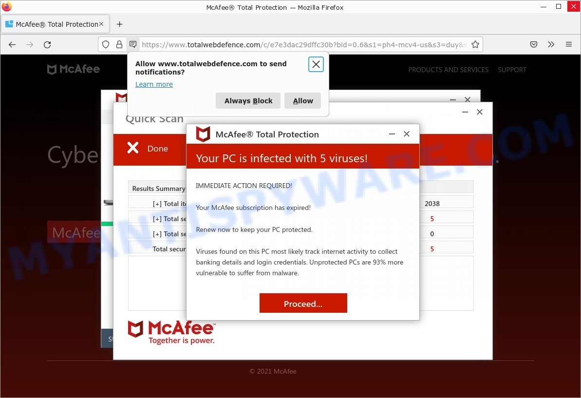 Totalwebdefence.com McAfee fake scan results