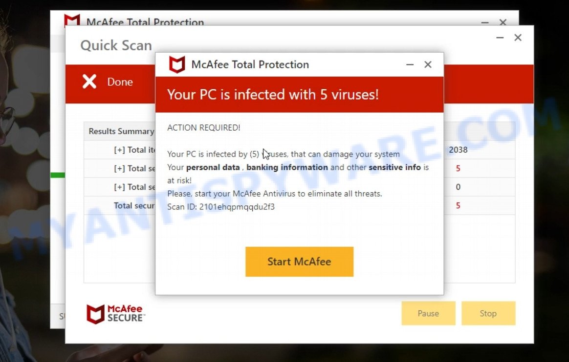 Defenderfocus.xyz McAfee fake scan results