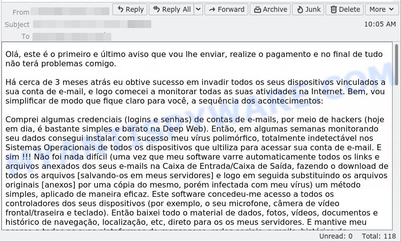 Este é o primeiro e último aviso que vou lhe enviar Email Scam