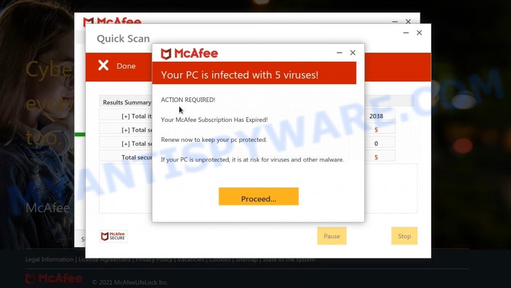 Lifetimedesktopdefence.online McAfee fake scan results