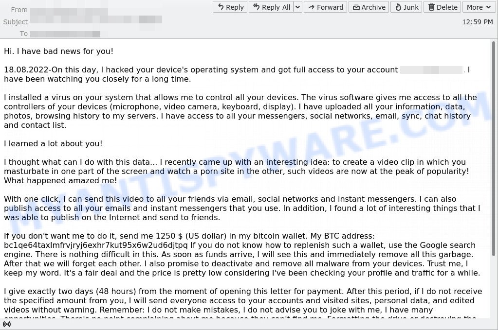 On this day I hacked your device operating system Email Scam
